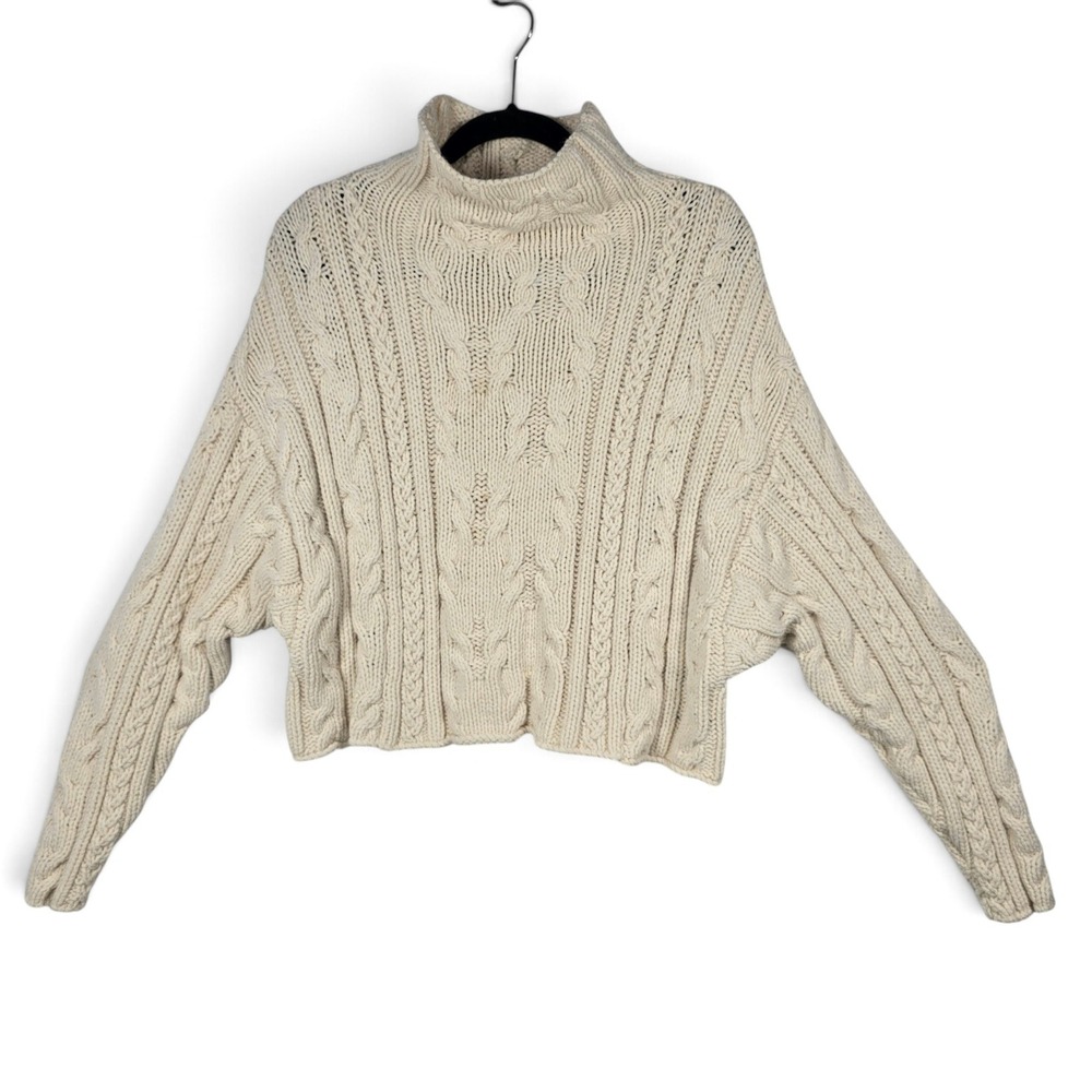 Free People Sweater Womens Small Cropped Cable Knit Ivory Mock Neck Dolman Boxy